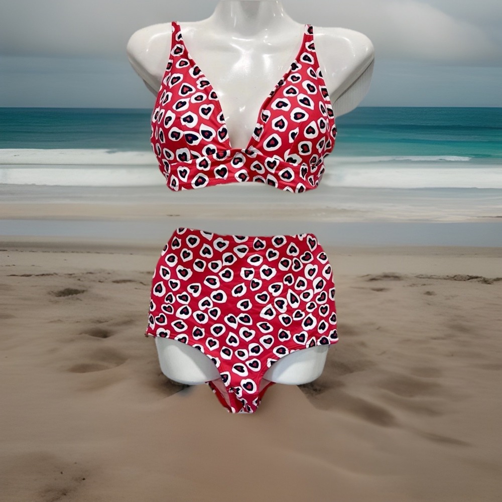 J Crew Hearts Woman Red/white Swimsuit 2 Piece Bikini Set Printed Hearts Medium - Picture 1 of 12